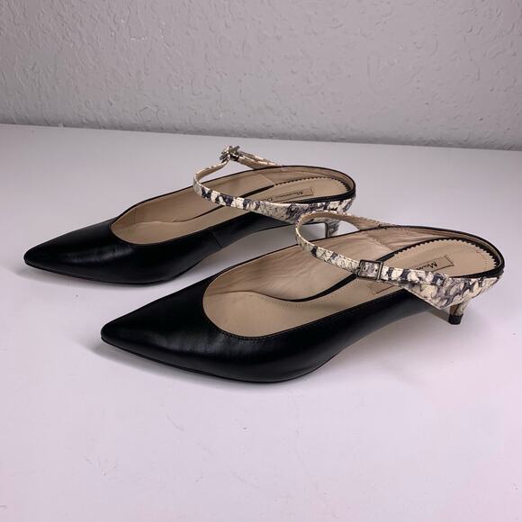 MASSIMO DUTTI Black Leather Snakeskin Pointed Toe Slip-On Kitten Heel Size 35‎